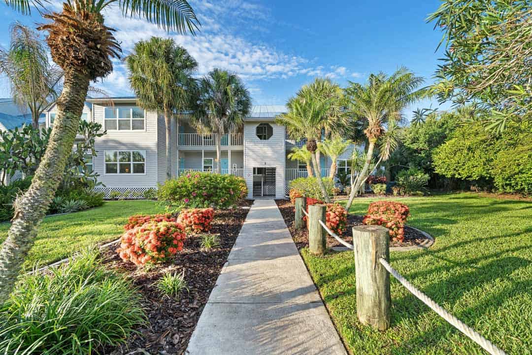 A landscaped pathway leading to a modern two-story house surrounded by palm trees and flowering shrubs under a clear blue sky.